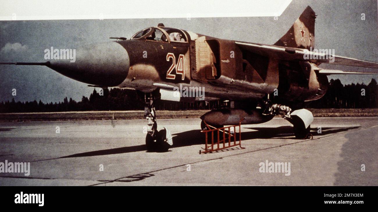 A left side view of a parked Soviet MiG-23MF Flogger-G aircraft. Country: Finland (FIN) Stock Photo