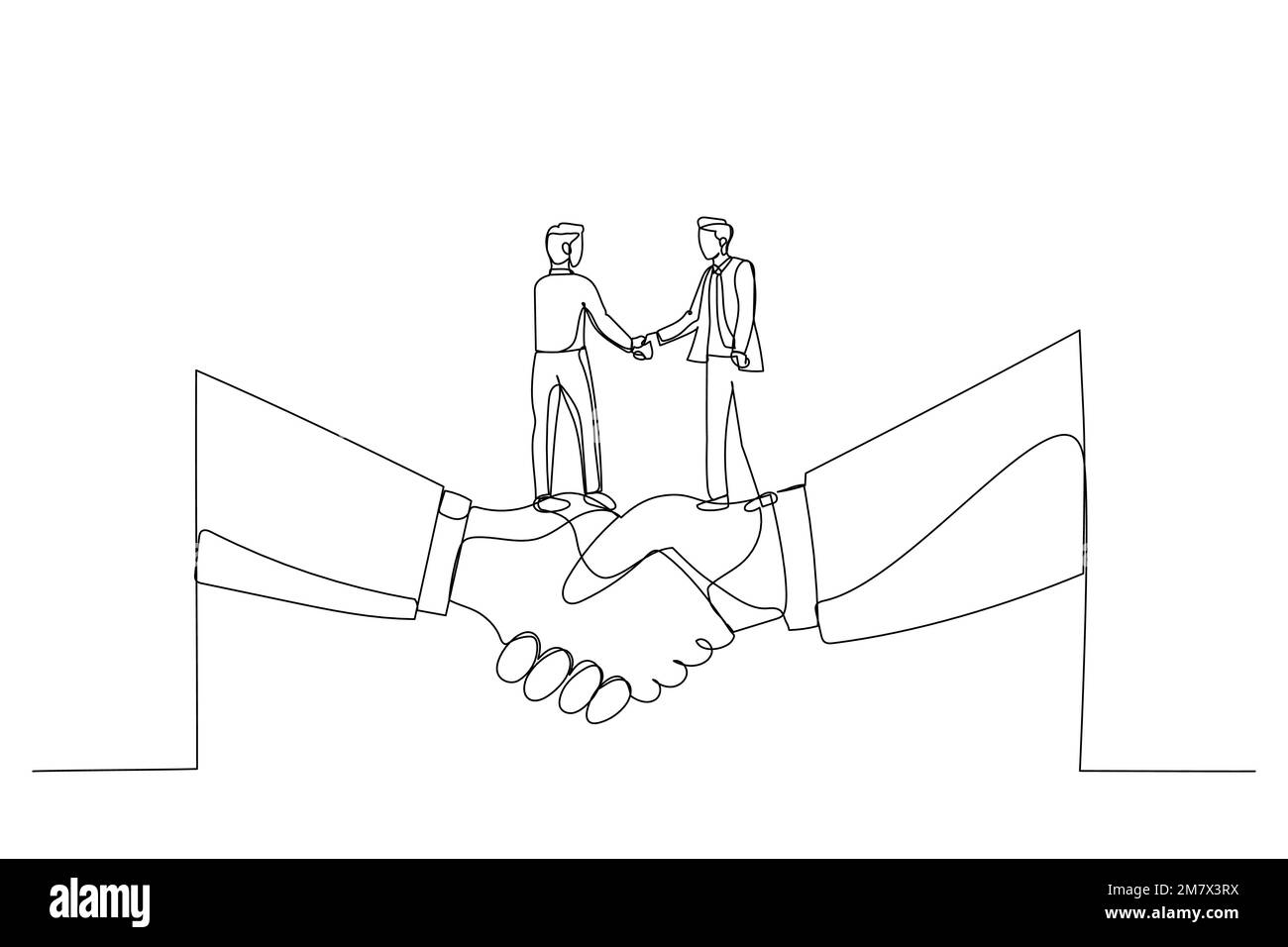 Drawing of businessman shaking hands and making deal standing on giant hand. Metaphor for small and big business. Single line art style Stock Vector