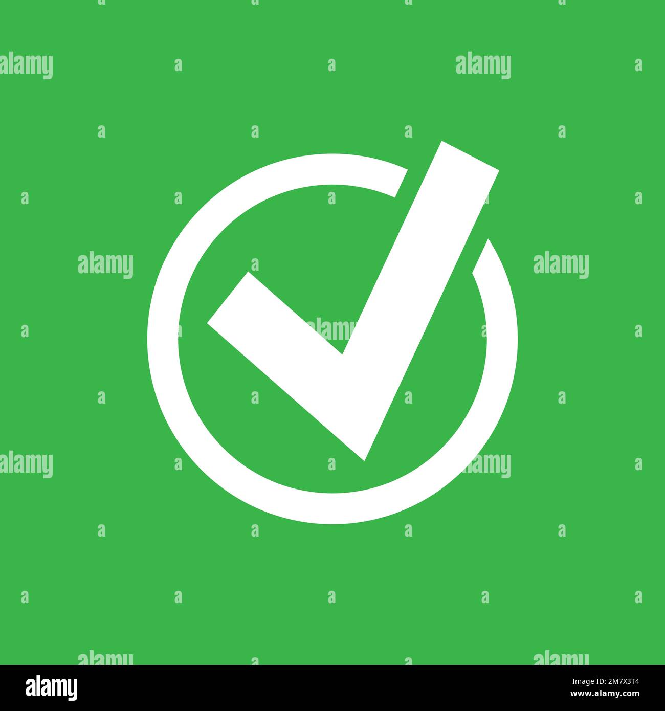 Check mark icon in a circle isolated on green background. Vector ...