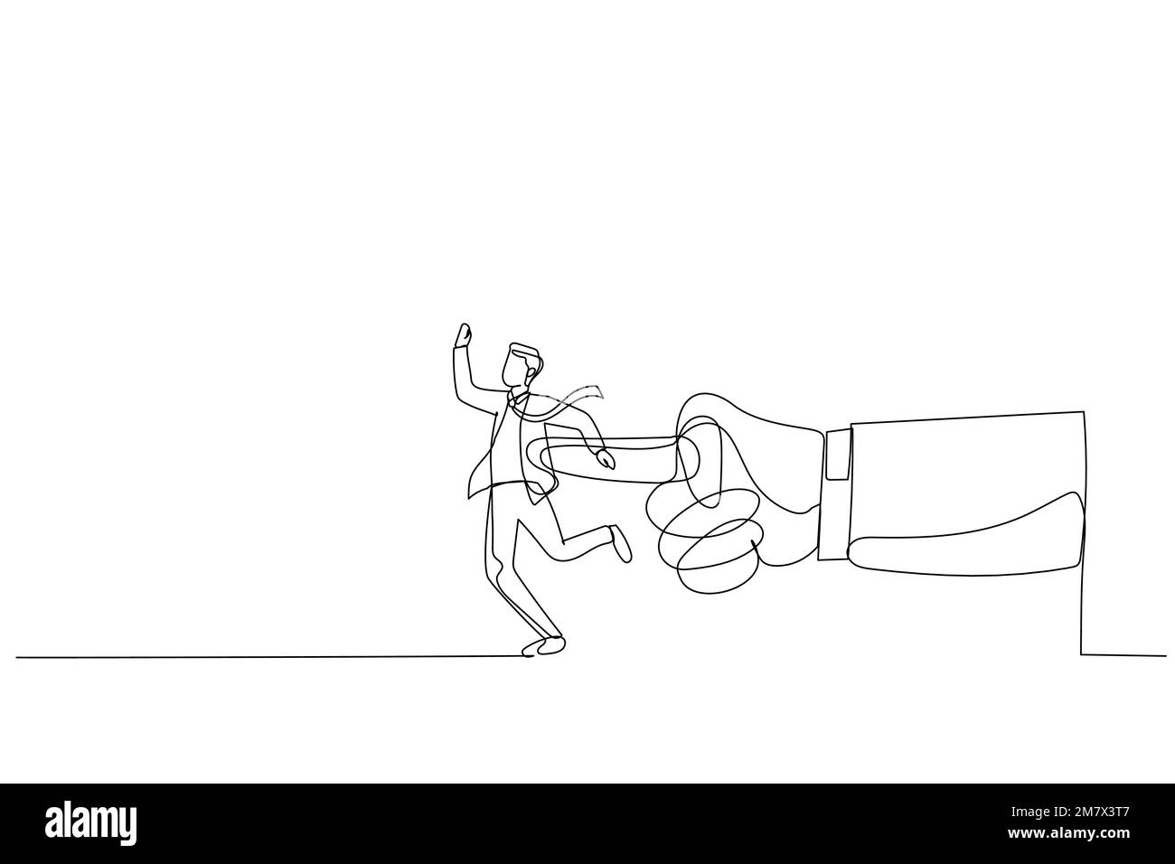 Cartoon of giant hand pushing businessman. Metaphor for giving the push at work. Continuous line art style Stock Vector
