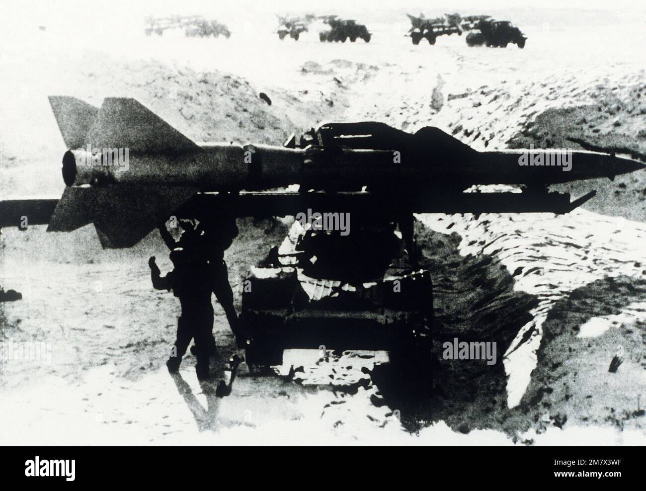 A right side view of a Soviet SA-2 Guideline surface-to-air missile, horizontal on a transporter. Country: Unknown Stock Photo