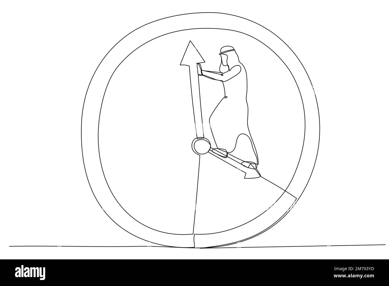 Cartoon of arab businessman standing on clock hour hand manage to push back minute. Turn back time metaphor. Single continuous line art style Stock Vector