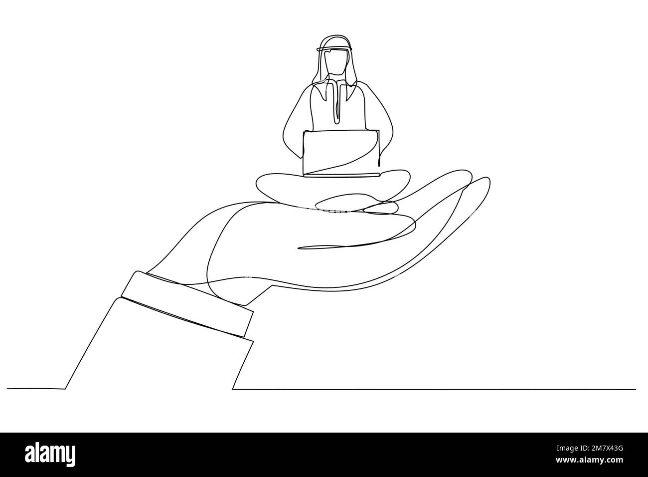 Cartoon of giant hand holding a arab man who works on laptop, metaphor for employee care, corporate support. Continuous line art style Stock Vector