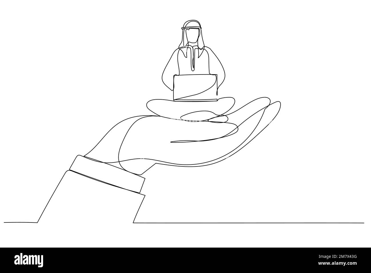Cartoon of giant hand holding a arab man who works on laptop, metaphor ...