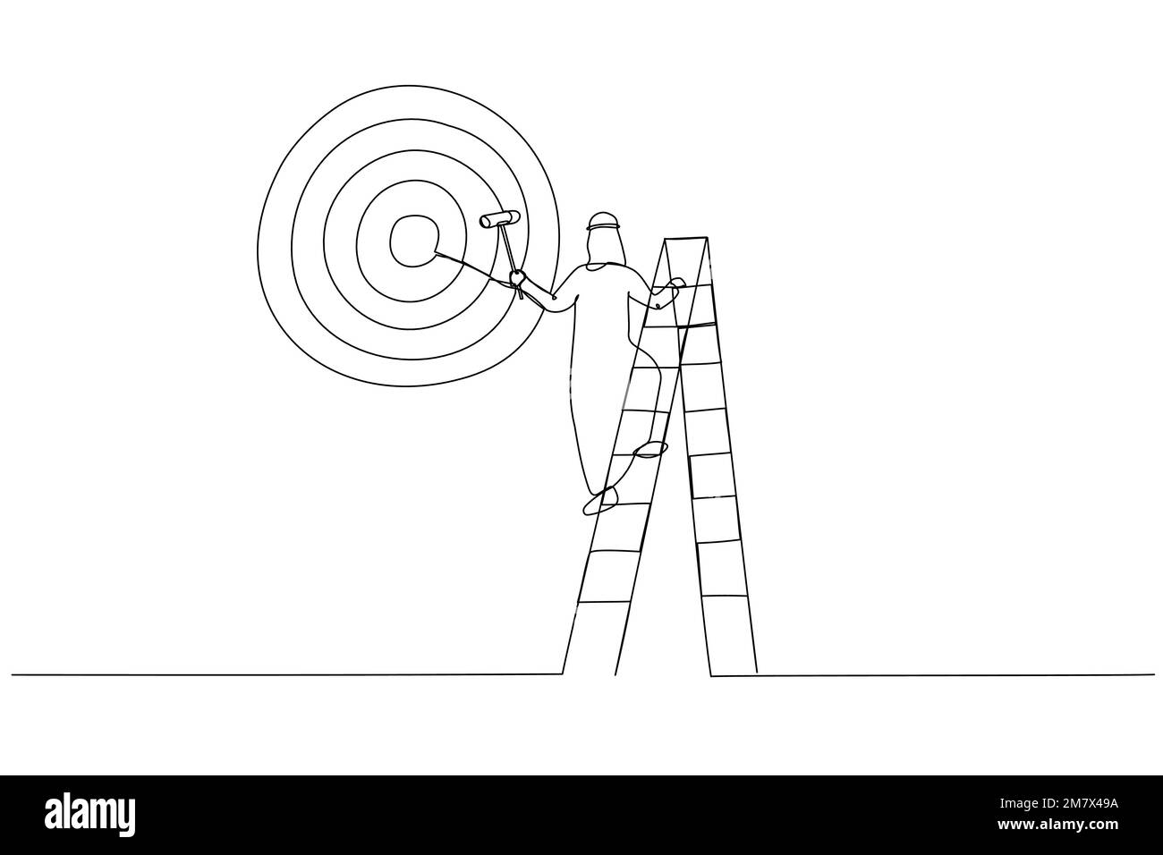 Drawing of ambitious arab businessman on ladder using paint roller to paint big dartboard, archery target. Single continuous line art style Stock Vector