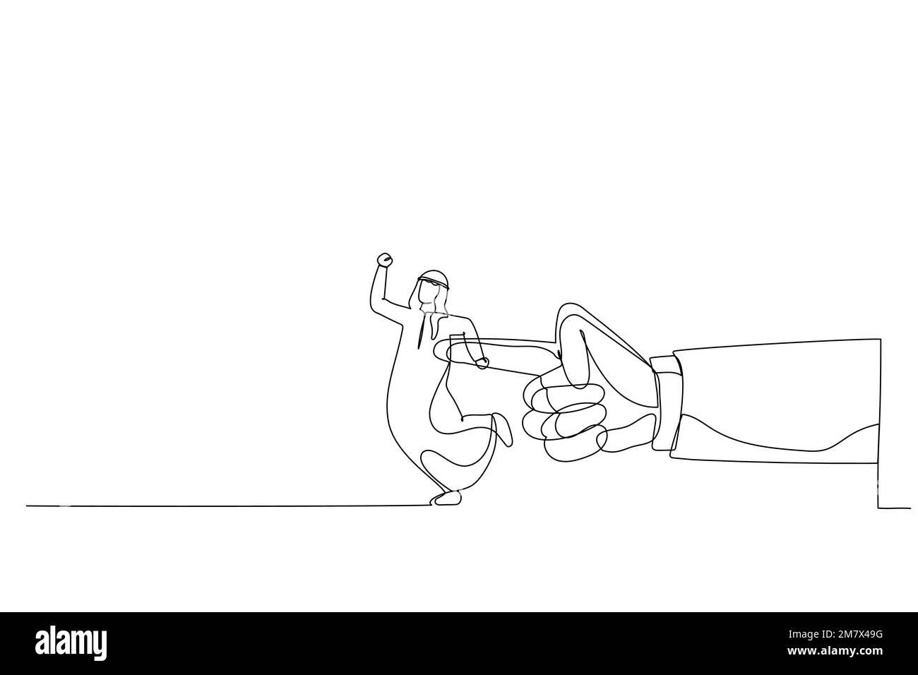 Cartoon of giant hand pushing arab man. Metaphor for giving the push at work. Continuous line art style Stock Vector