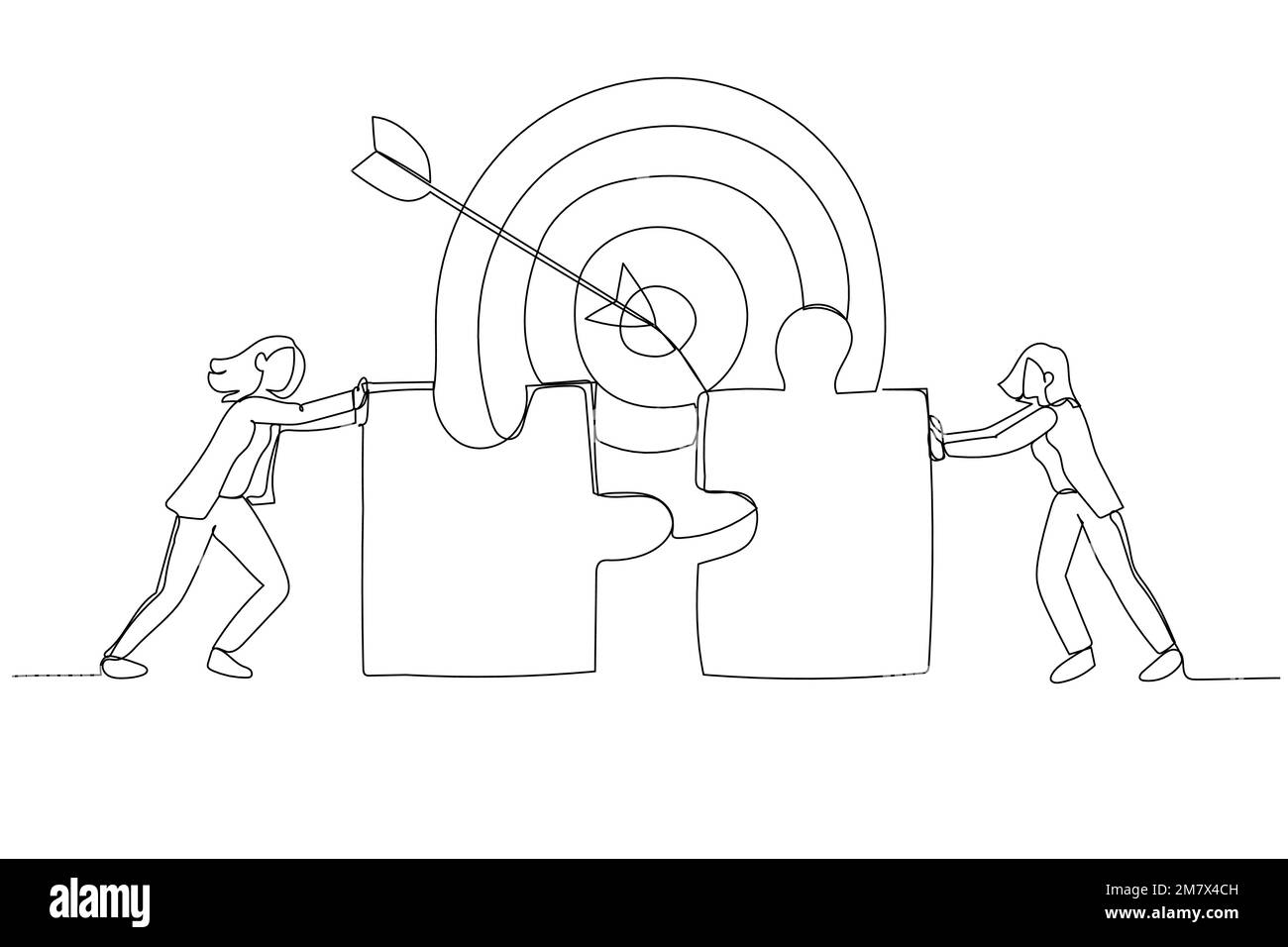 Cartoon of businesswomen connecting puzzle elements. Metaphor for teamwork success target achievement. One line art style Stock Vector