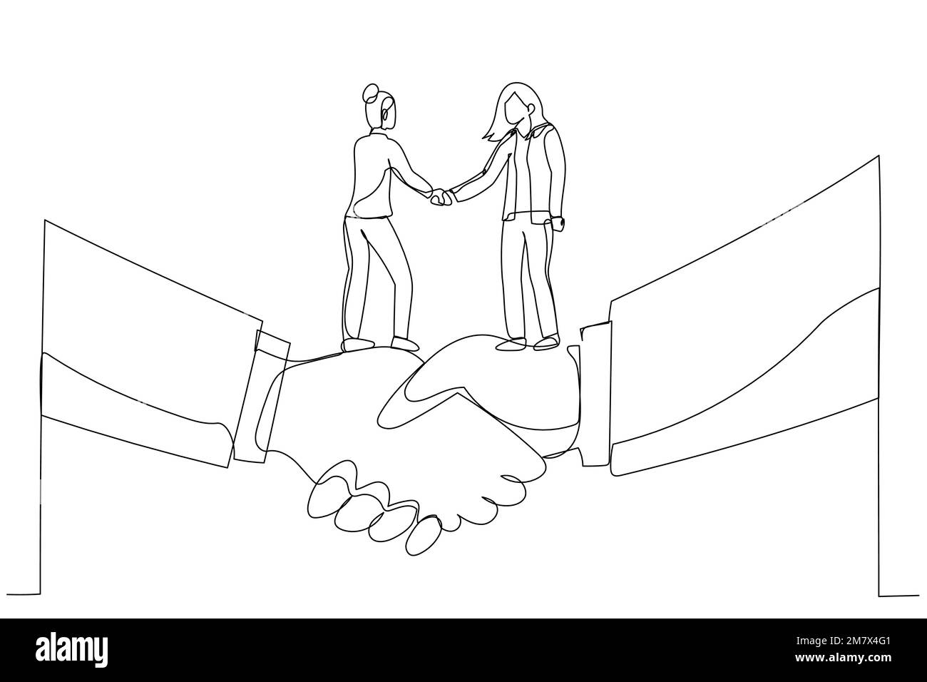 Cartoon of businesswoman shaking hands and making deal standing on giant hand. Metaphor for small and big business. One line art style Stock Vector
