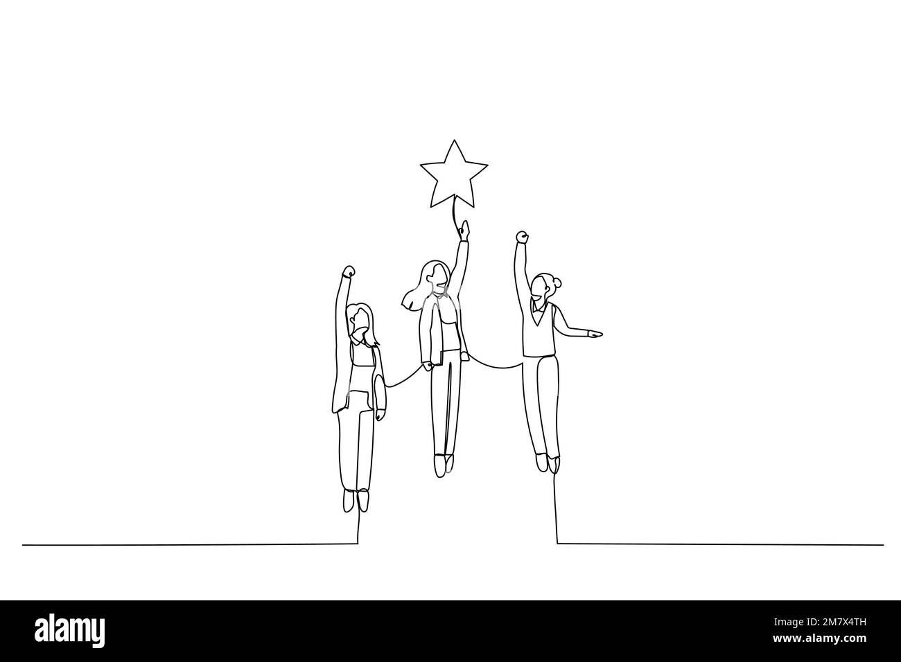 Illustration of businesswoman team up to stars. Metaphor for winning