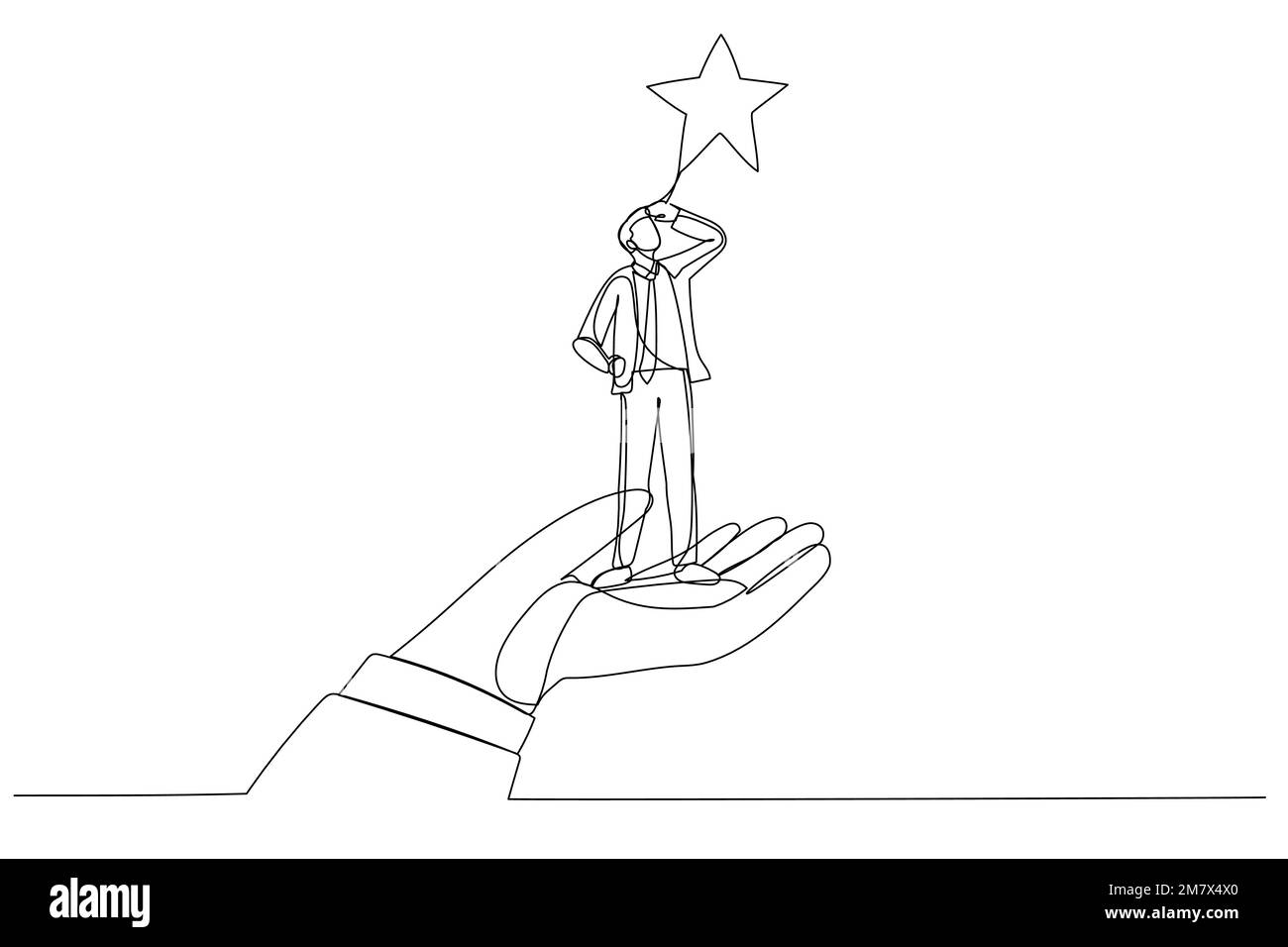 Cartoon of giant hand lifting up a businessman to the stars. Single continuous line art style Stock Vector
