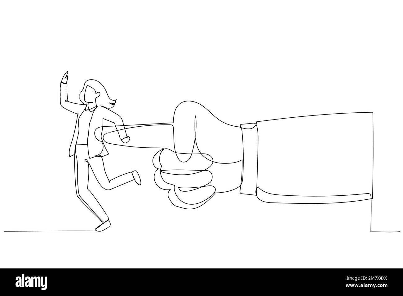 Illustration of giant hand pushing businesswoman. Metaphor for giving the push at work. Single line art style Stock Vector