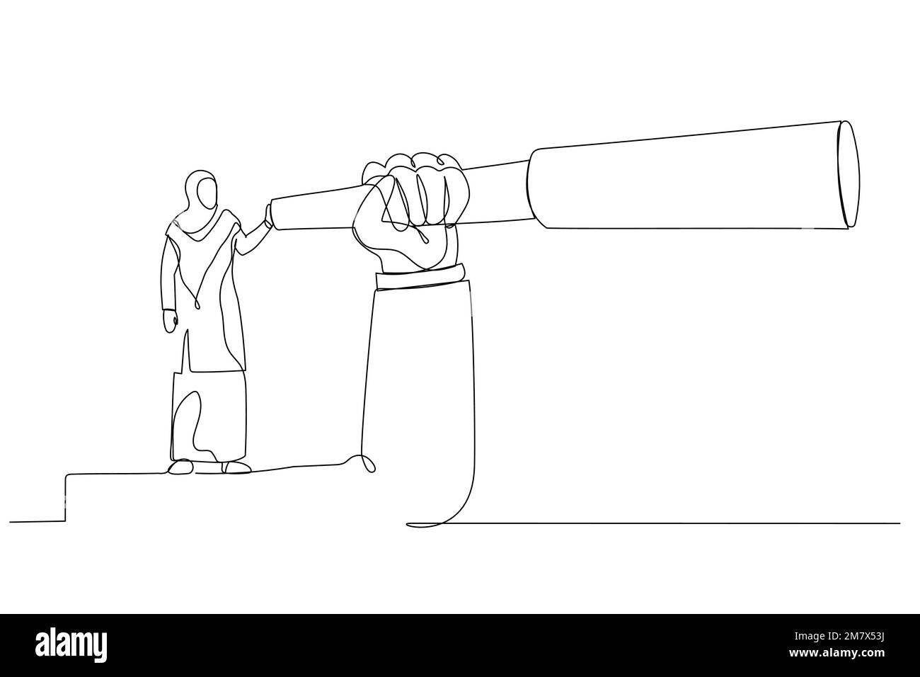Cartoon of muslim businesswoman climbed onto the giant arm to vision the distance. Single line art style Stock Vector