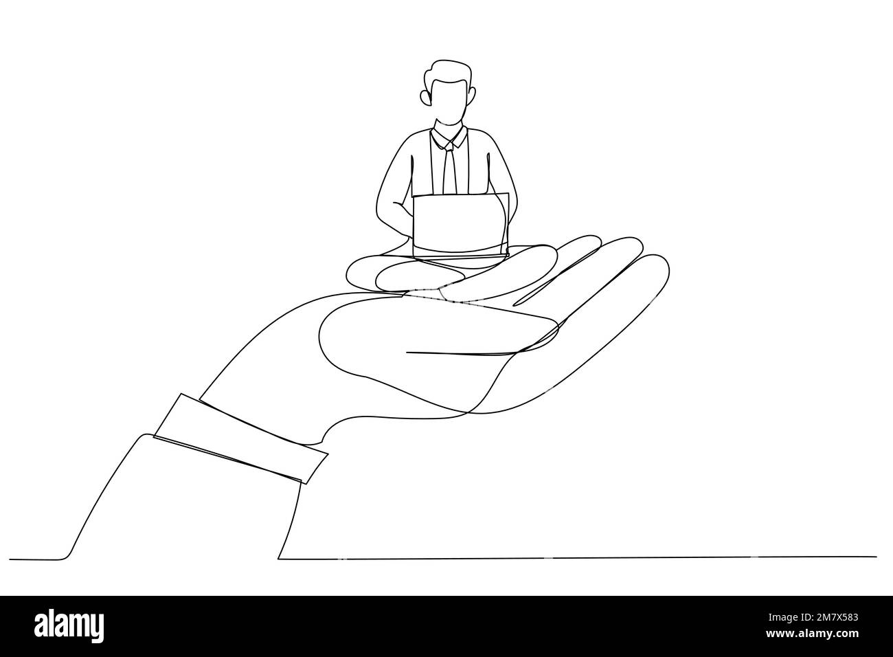 Cartoon of giant hand holding a businessman who works on laptop, metaphor for employee care, corporate support. Continuous line art style Stock Vector