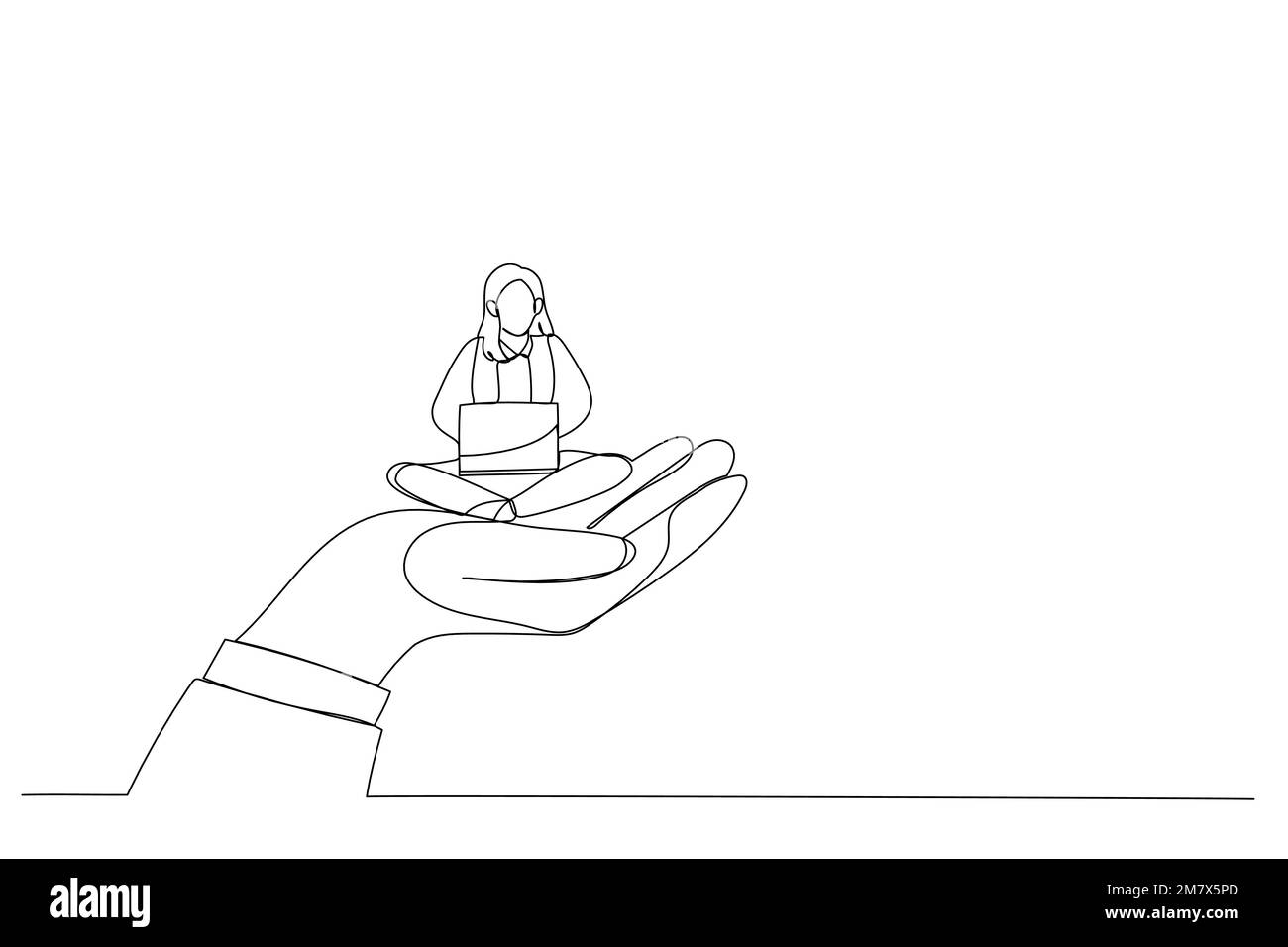 Illustration of giant hand holding a businesswoman who works on laptop, metaphor for employee care, corporate support. Single line art style Stock Vector