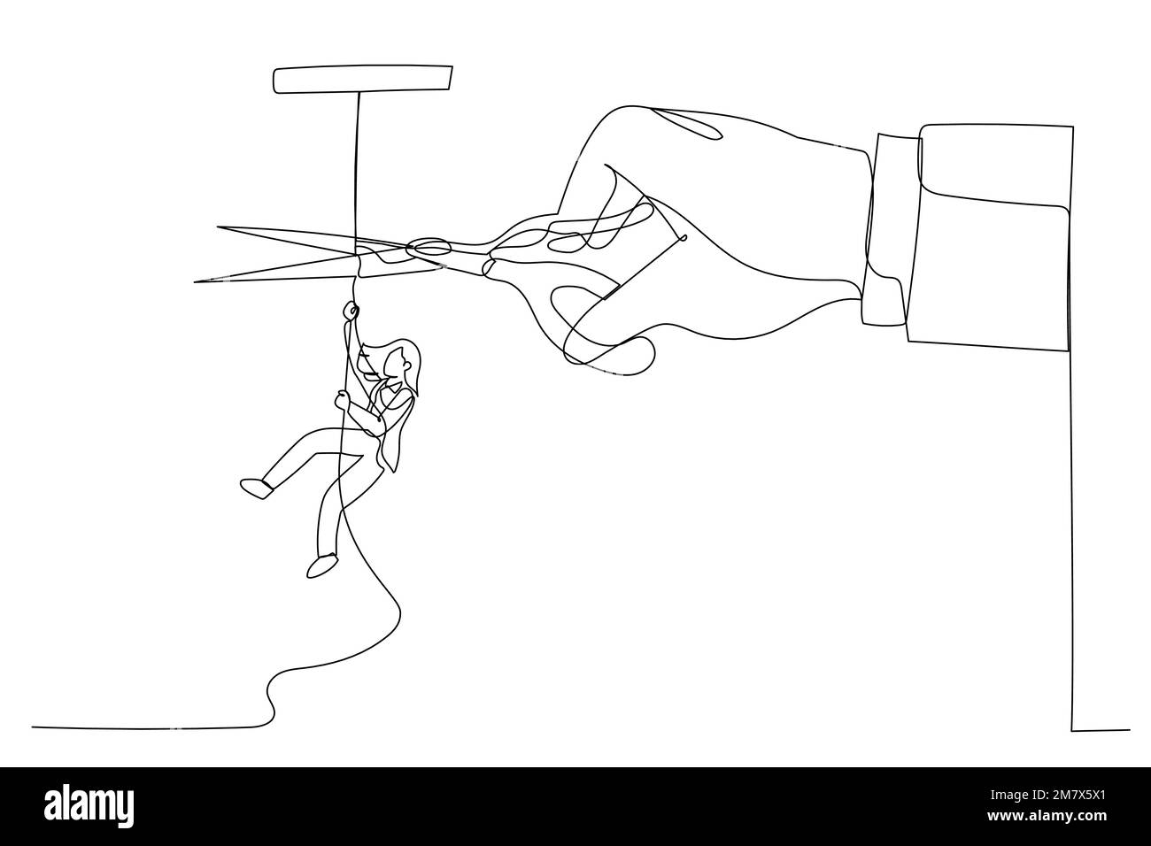 Drawing of businesswoman climbing on rope meanwhile a giant hand with ...