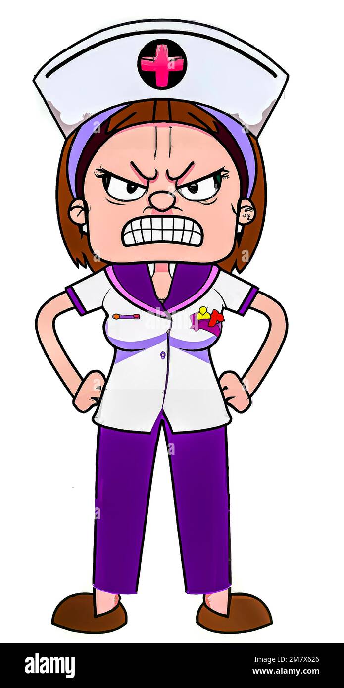 Illustration of an angry nurse sister matron wearing a purple sister's uniform, cartoon style. Stock Photo