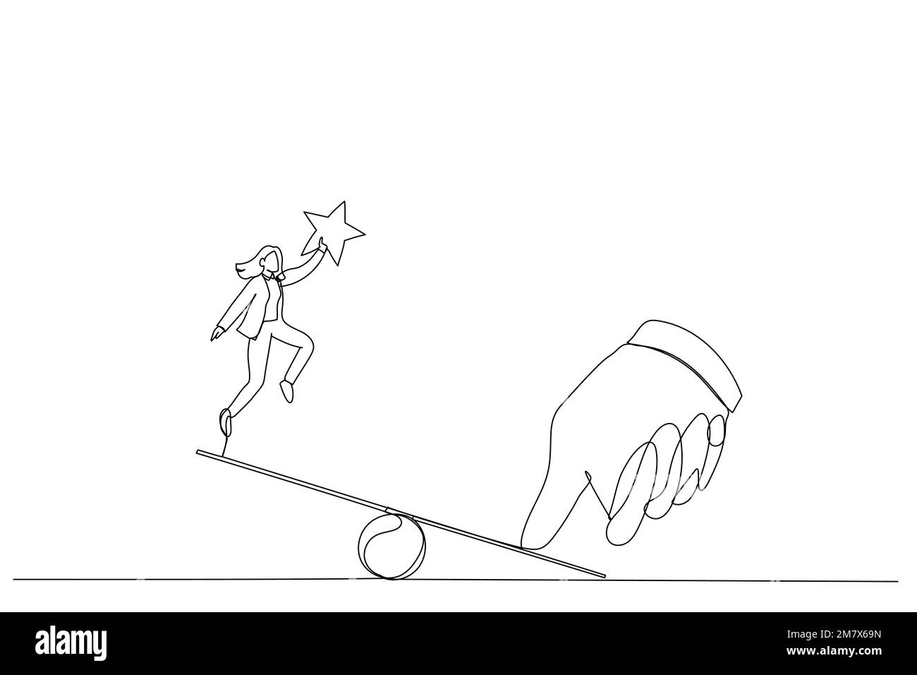 Drawing of giant thumb helping businesswoman to jump on seesaw. Single continuous line art style Stock Vector