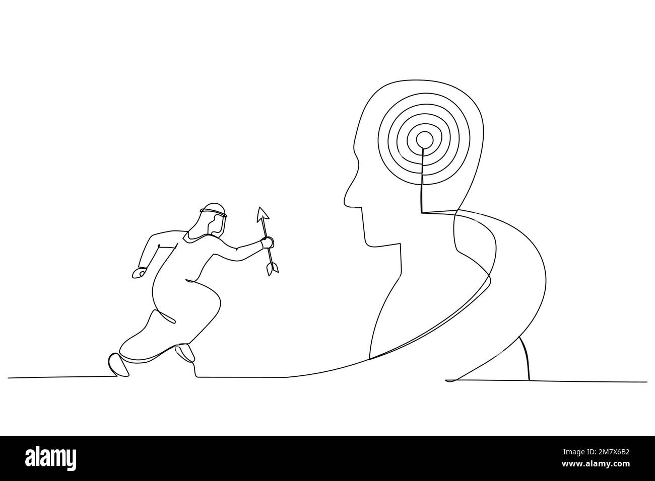 Illustration of arab businessman hold arrow running up stairway to the target on human head