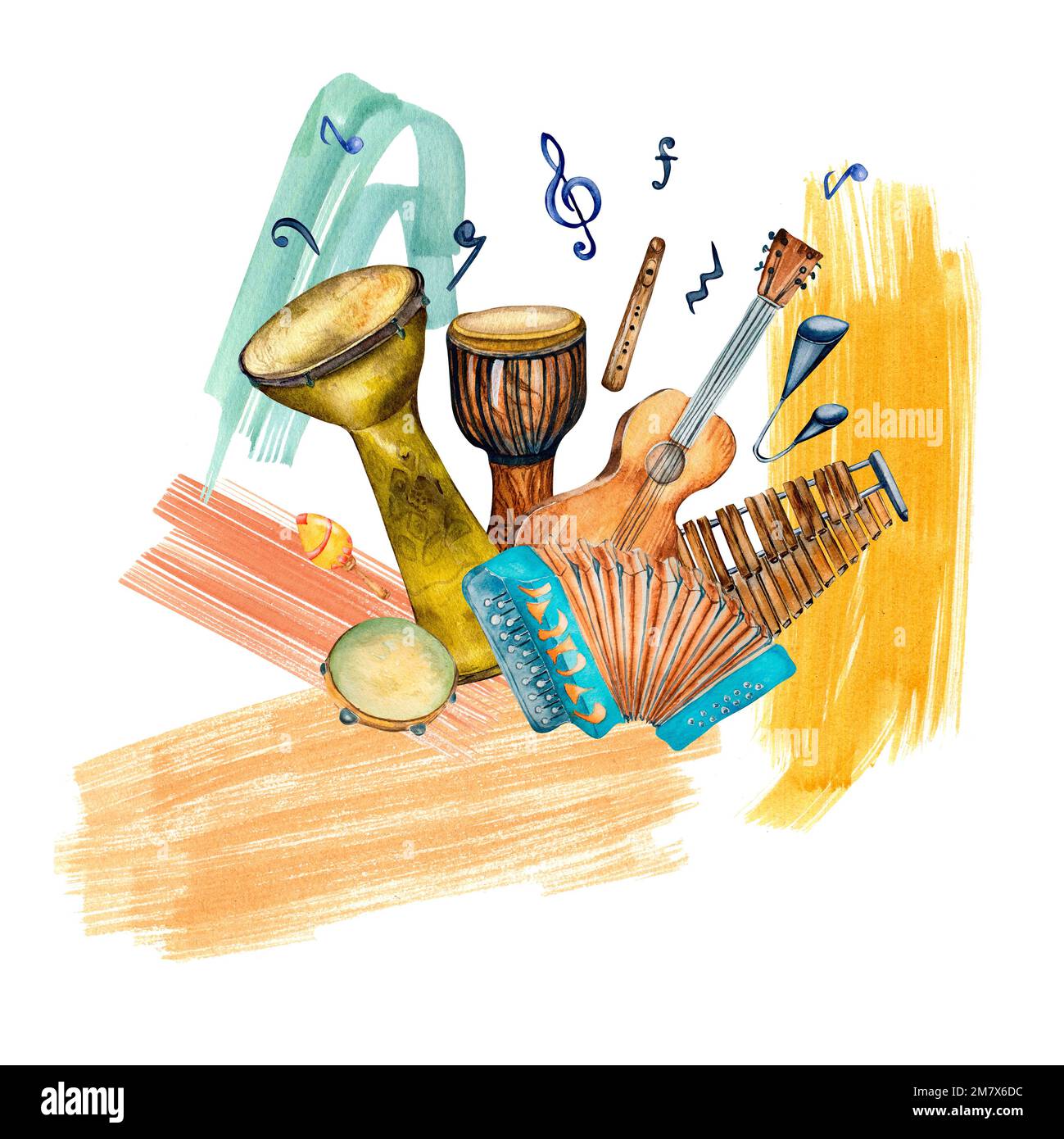 Latin percussion musical instruments and paint stroke watercolor illustration isolated. Guitar, accordion, drum, xylophone, flute hand drawn. Design e Stock Photo