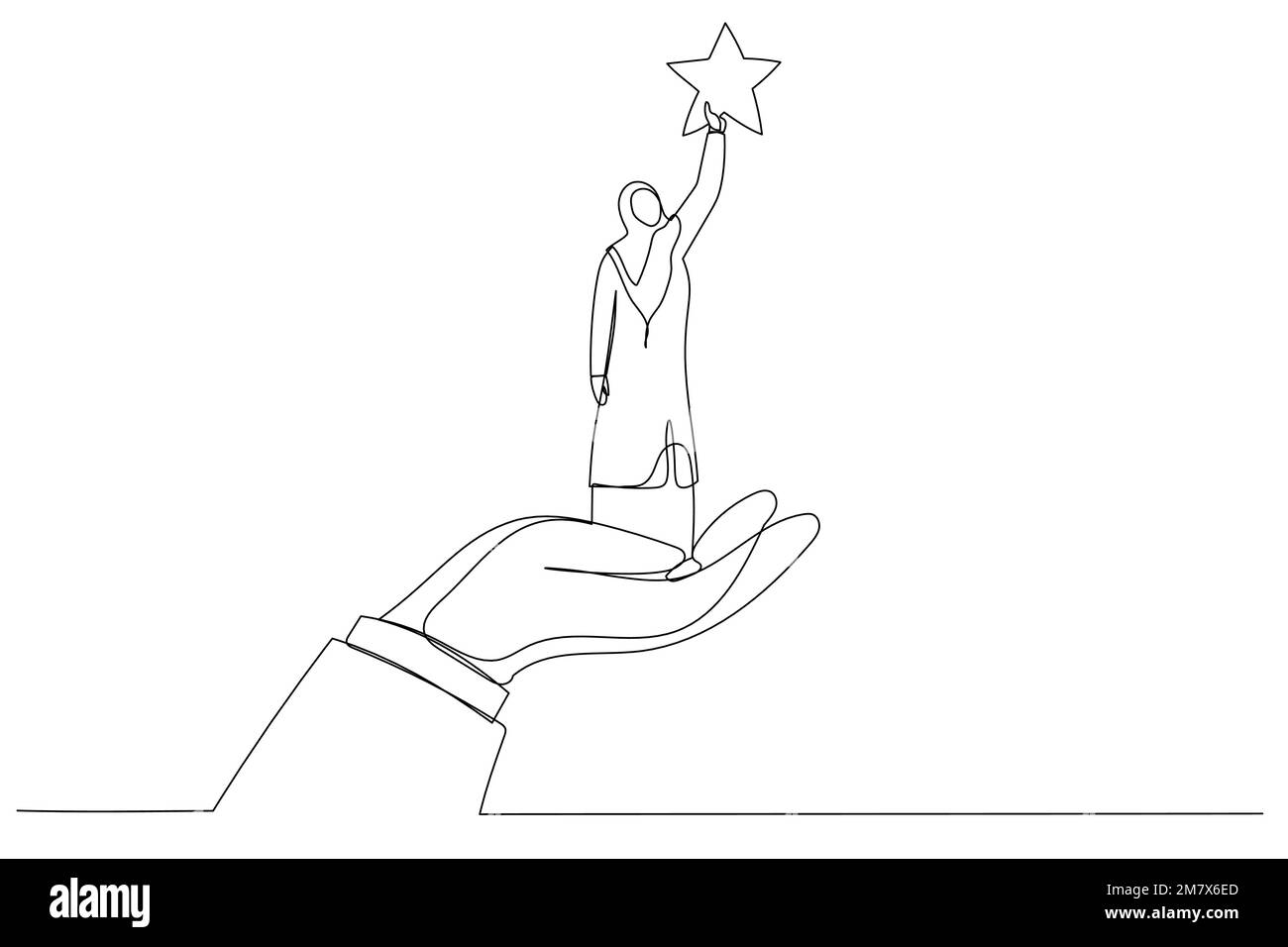 Cartoon of giant hand helping a muslim businesswoman to reach out for the stars. One line art style Stock Vector
