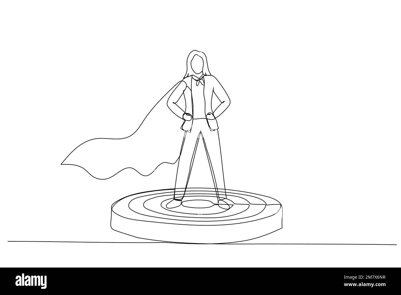 Illustration of businesswoman superhero leader on podium, standing proud and strong. Metaphor for business womanagement and boss. Single line art styl Stock Vector