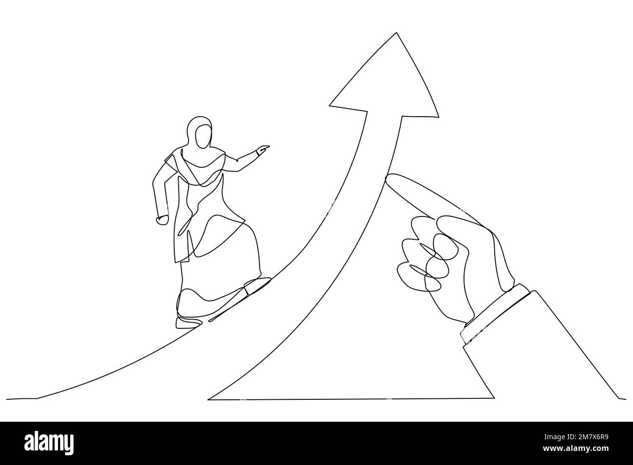 Illustration of muslim woman running on arrow of success raised by giant hand of leader. Metaphor for business success moving forward leadership. Sing Stock Vector