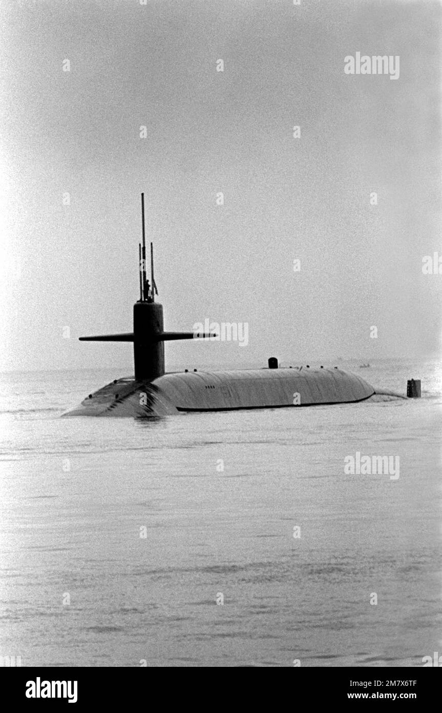 A port bow view of the nuclearpowered strategic missile submarine USS