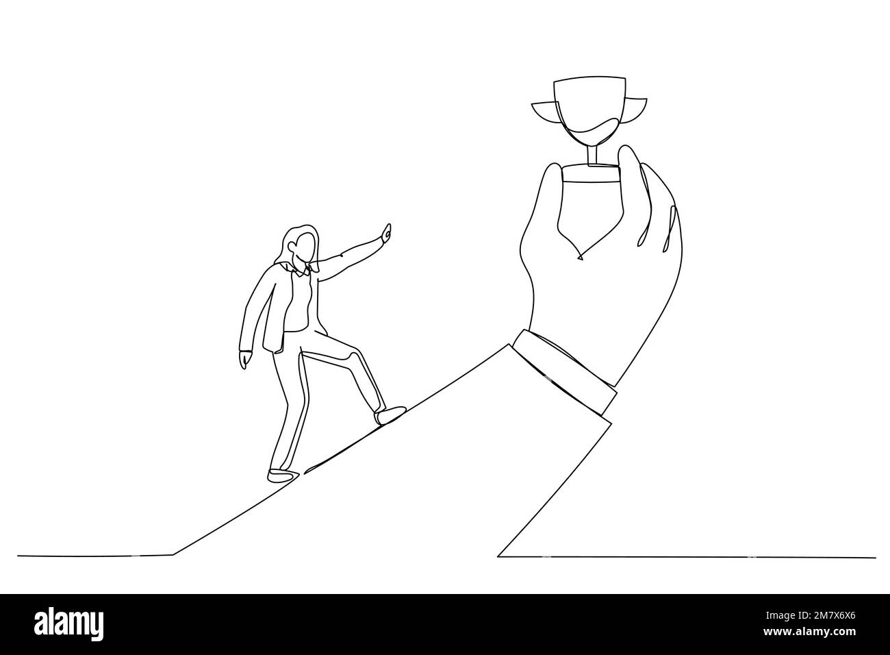 Drawing of businesswoman run with full effort to reach trophy cup in