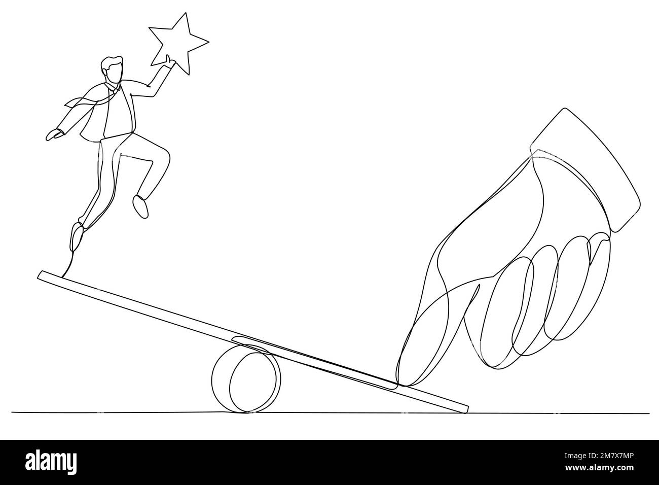 Illustration of giant thumb helping businessman to jump on seesaw. One line art style Stock Vector