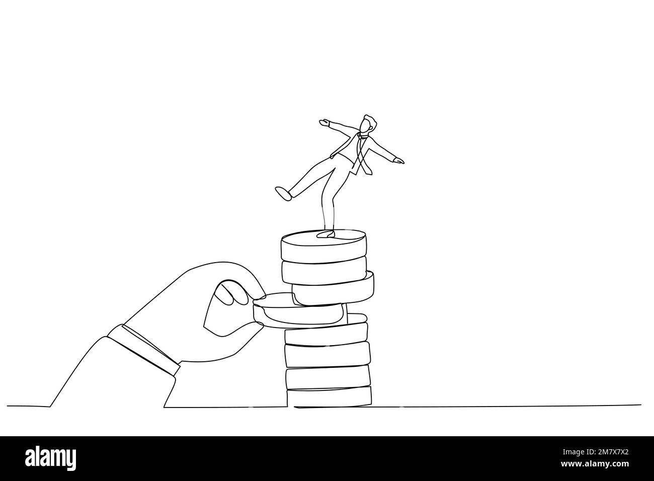 Drawing of giant hand pull back money from coin stack causing