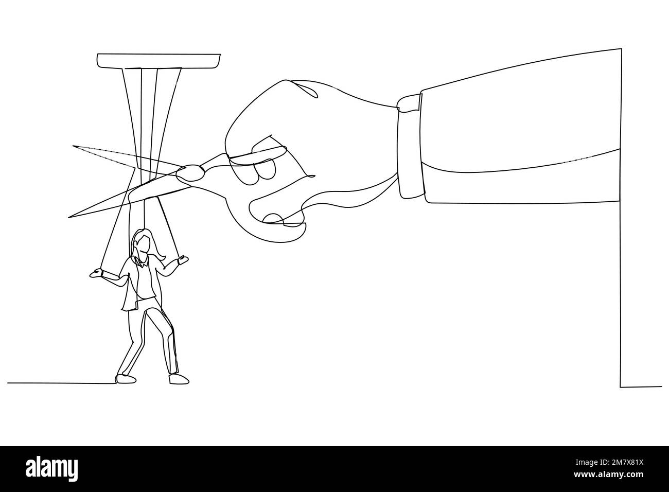 Cartoon of giant hand with scissors cutting the strings attached to businesswoman. Metaphor for freedom, independent, liberation. Single line art styl Stock Vector