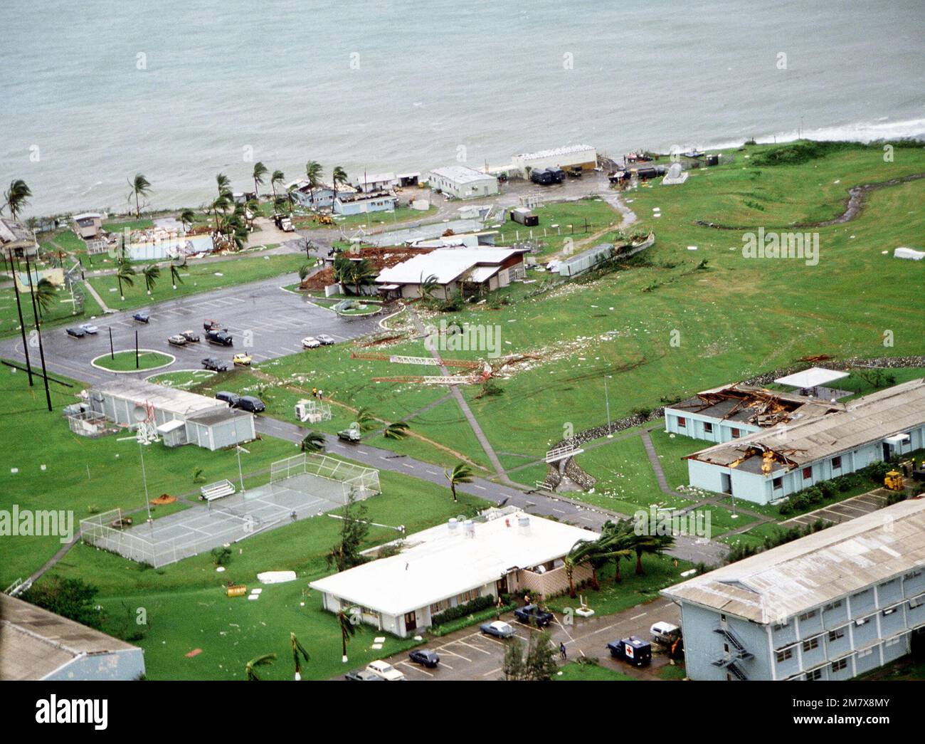An overall aerial view of the damage caused by Typhoon Faye. Base