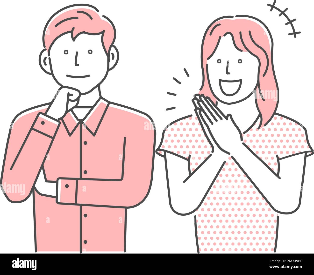 Vector illustration of a young couple listening and thinking (positive