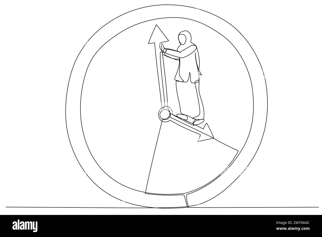Cartoon of muslim businesswoman standing on clock hour hand manage to push back minute. Turn back time metaphor. Single continuous line art style Stock Vector