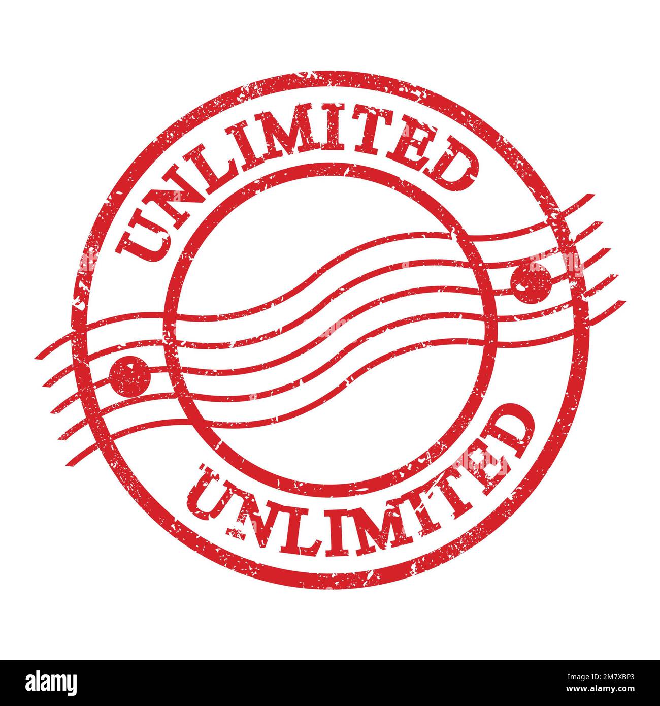UNLIMITED, text written on red grungy postal stamp. Stock Photo