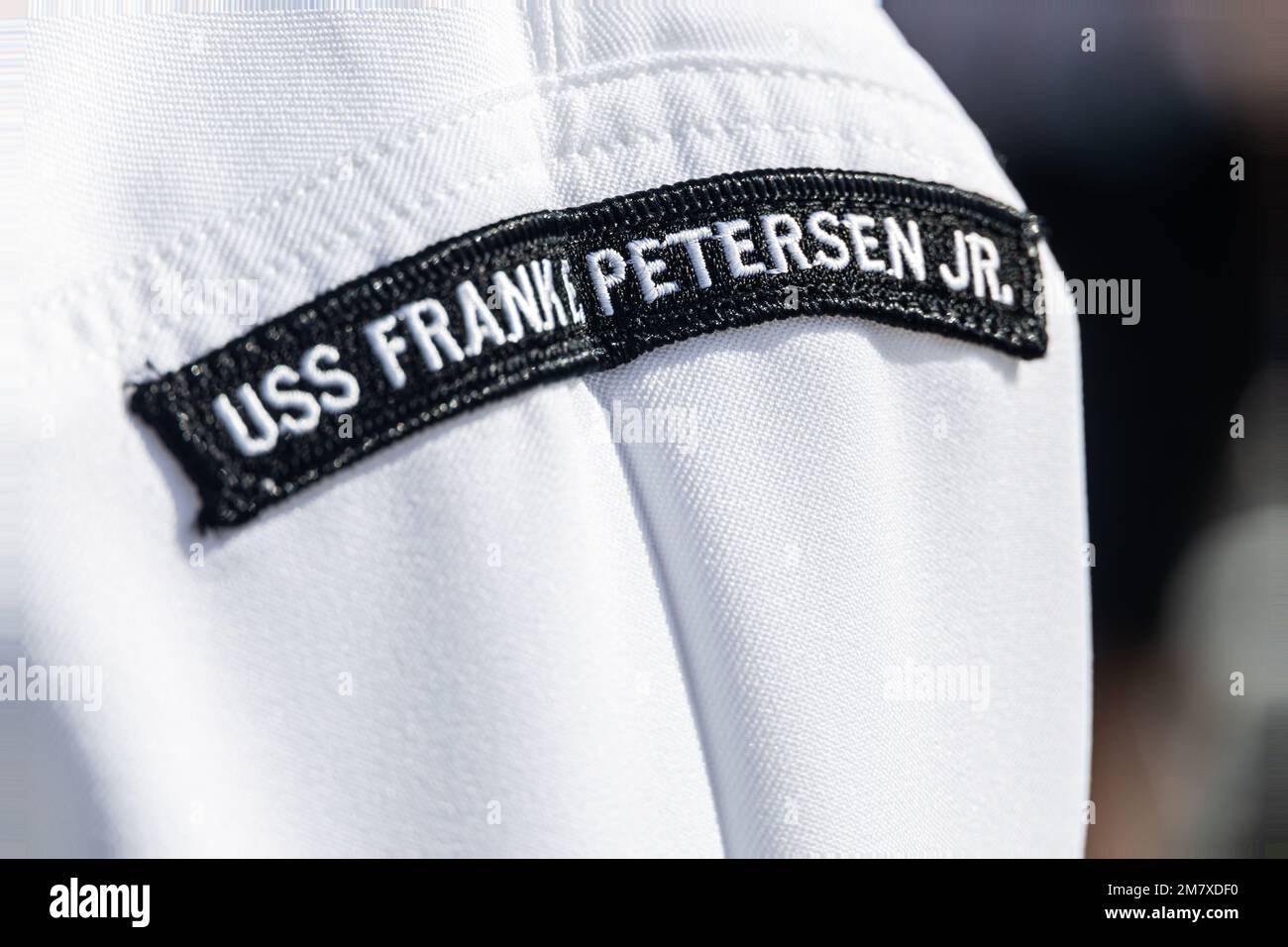 U.S. Sailors assigned to the USS Frank E. Petersen Jr. (DDG 121) stand ...