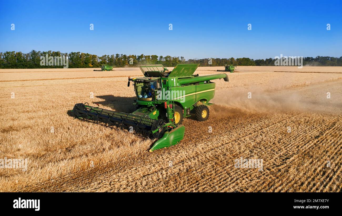 John Deere harvester works in the field. Combine Harvesting Wheat