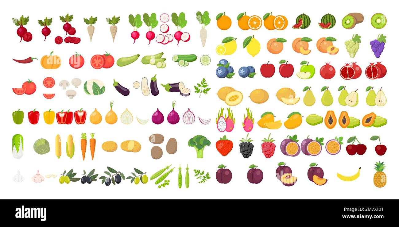 Vector fruits and vegetables icon set isolated on white background ...
