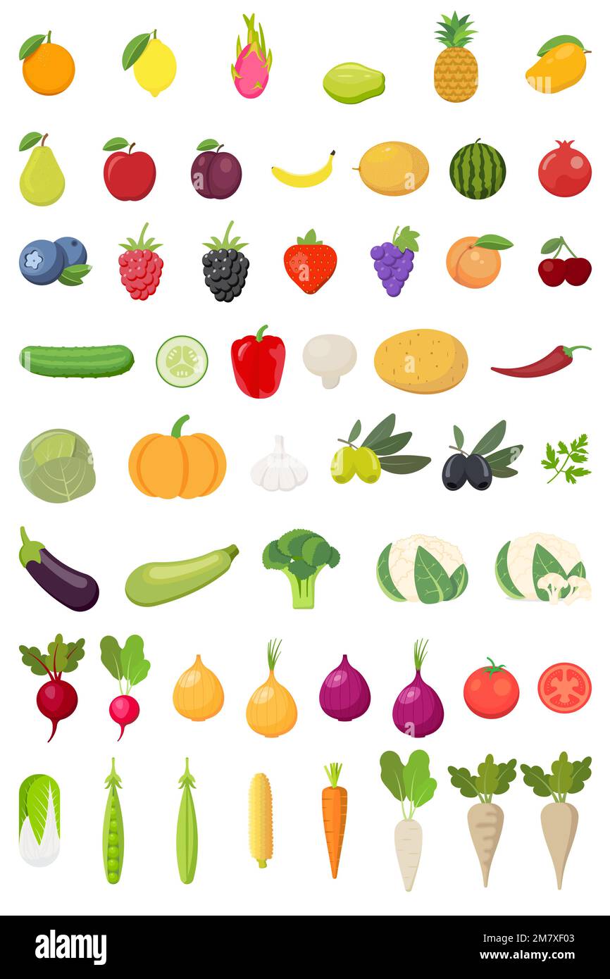 Vector fruits and vegetables icon set isolated on white background ...