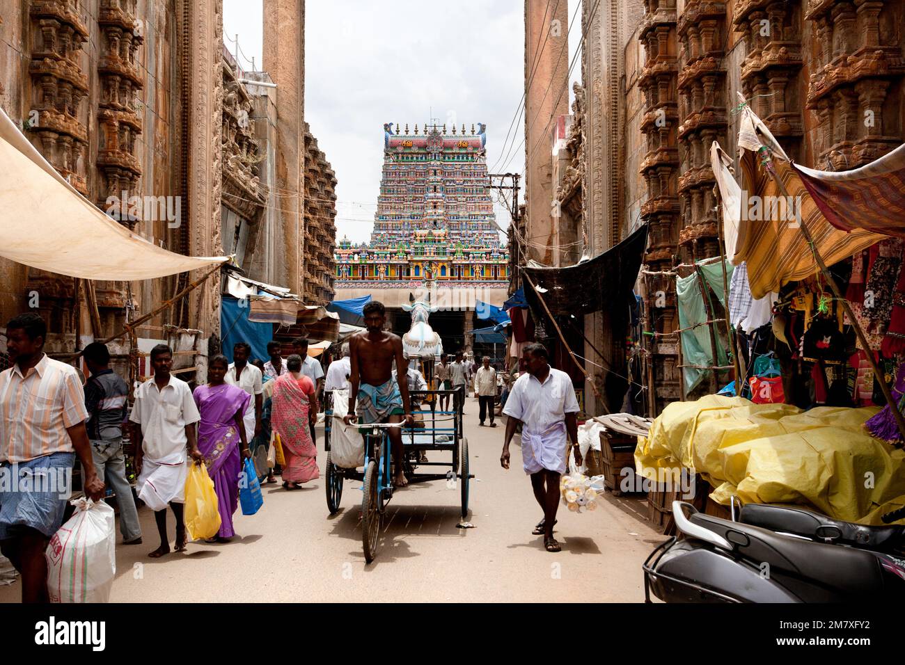 Madurai, India-September 11, 2012. A street in front of the the Sri Meenakshi Hindu Temple where many parishioners and pilgrims visit every Stock Photo