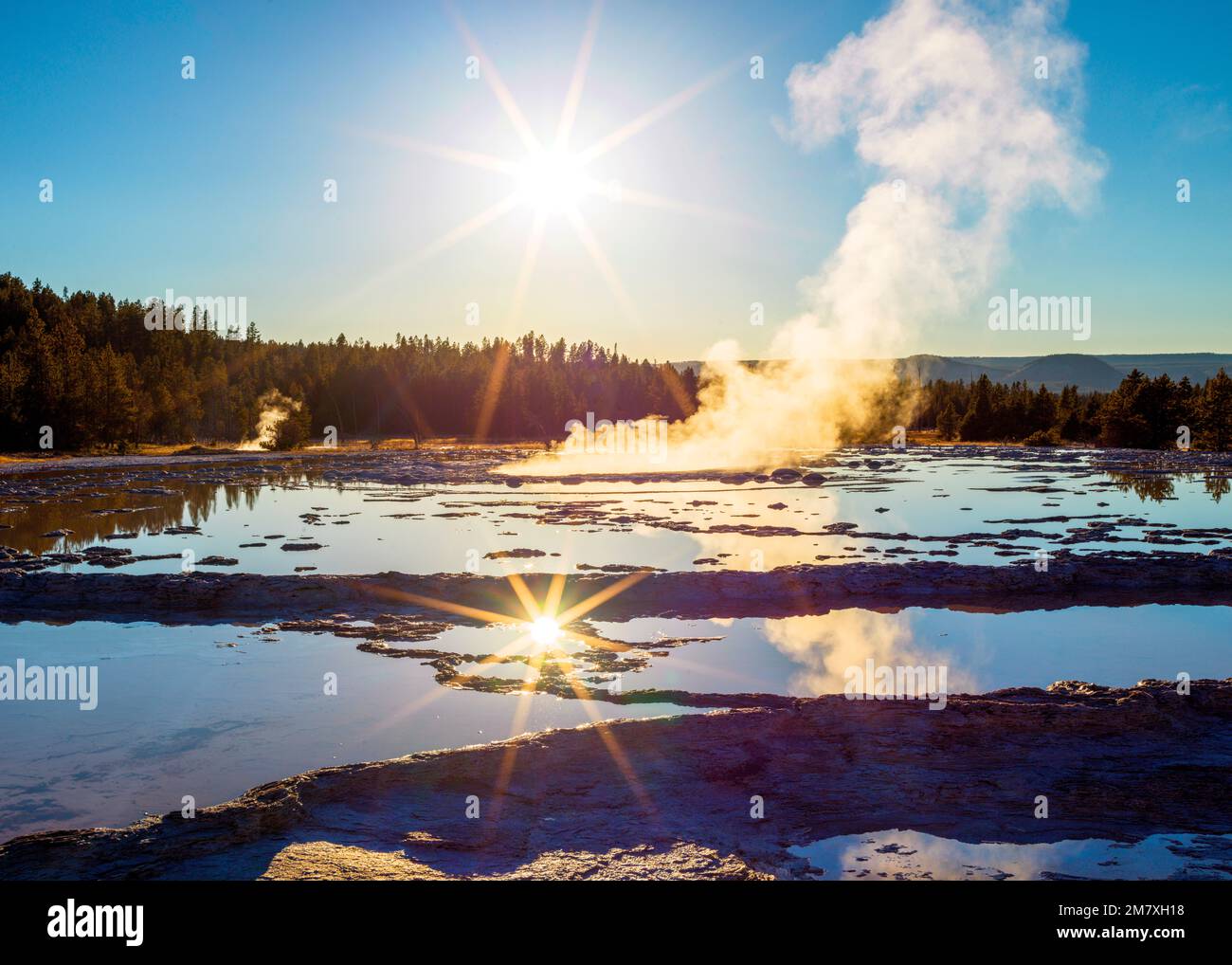 Great Fountain Geyser,Sunset  Yellowstone National Park Wyoming,North America, USA Stock Photo