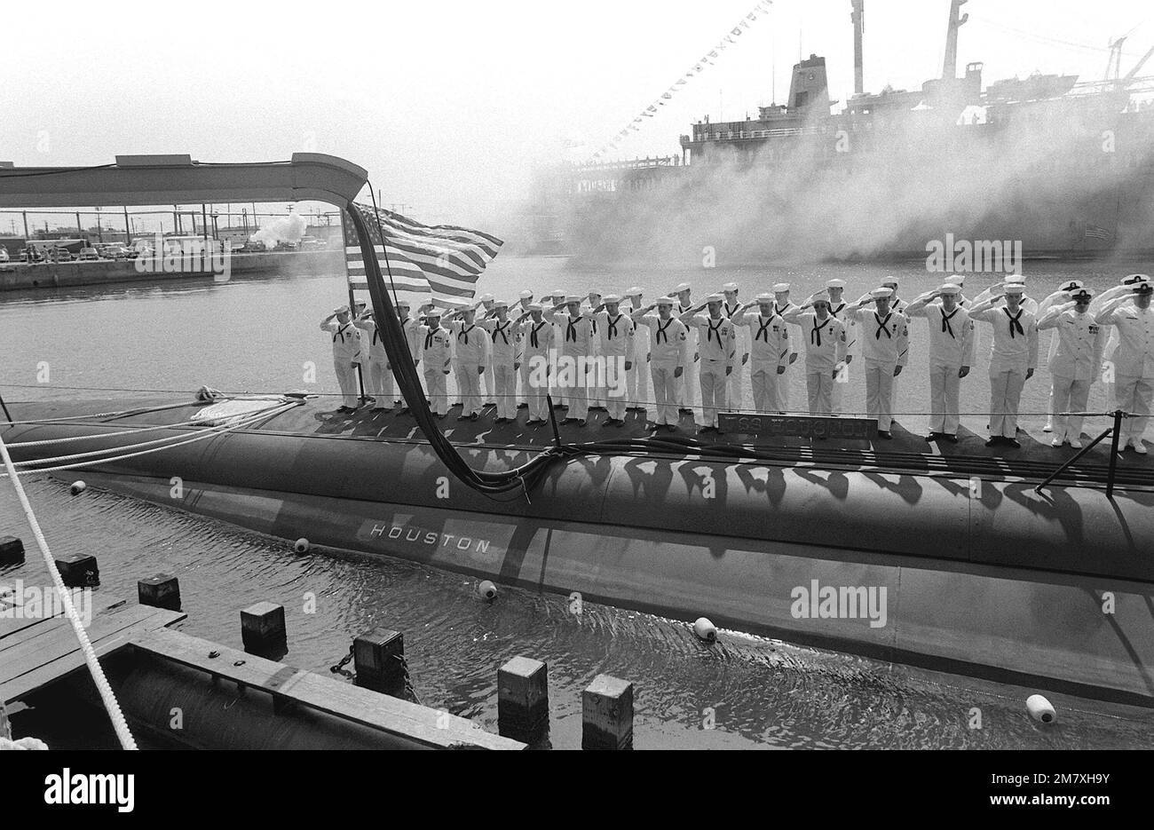 Front view of the crewmen standing on the deck of the nuclearpowered