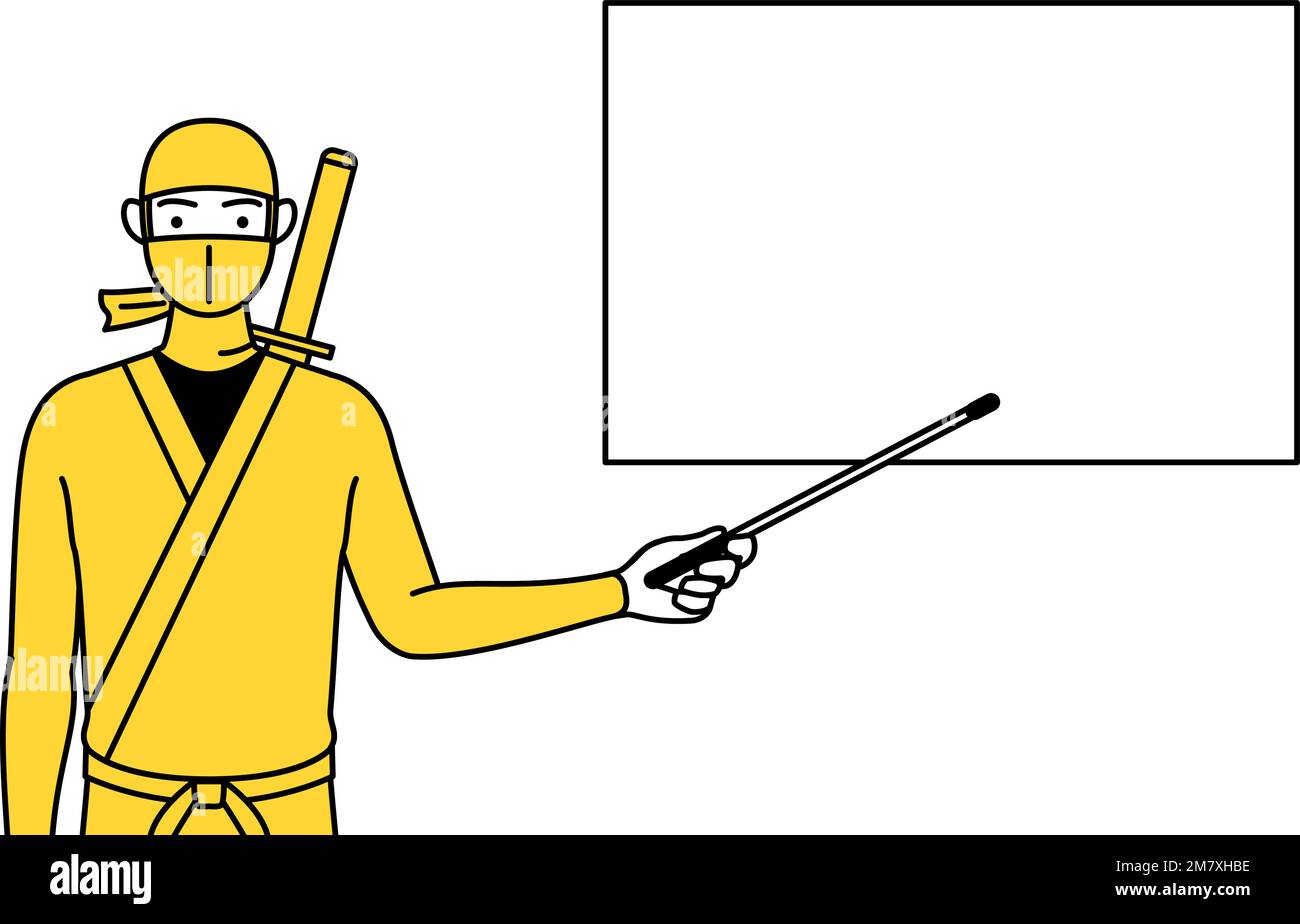 A man dressed up as a ninja pointing at a whiteboard with an indicator