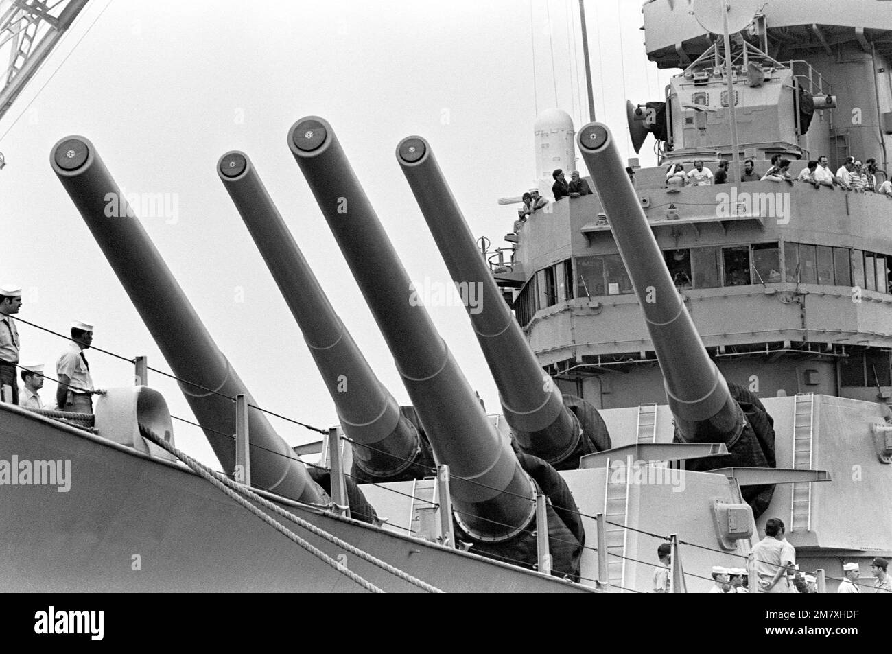 A view of the forward 16-inch 50 cal. gun mounts aboard the battleship ...