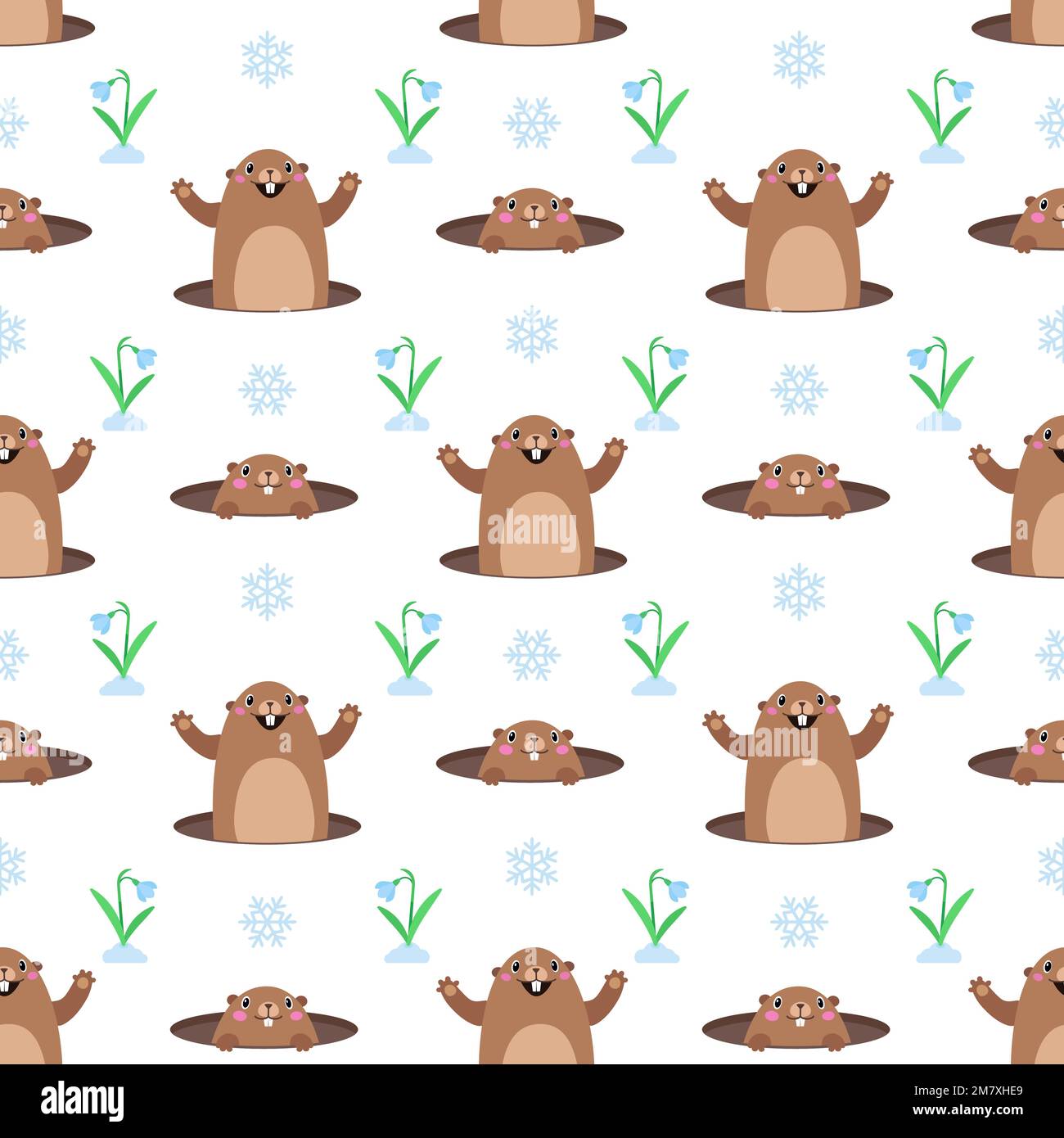Seamless pattern with cute cartoon marmot, snowflake and flower. Vector illustration Stock Vector