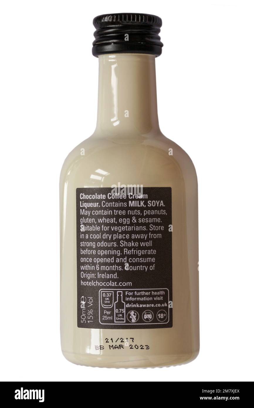 ingredients and storage instructions on back of miniature bottle of Hotel Chocolat velvetised