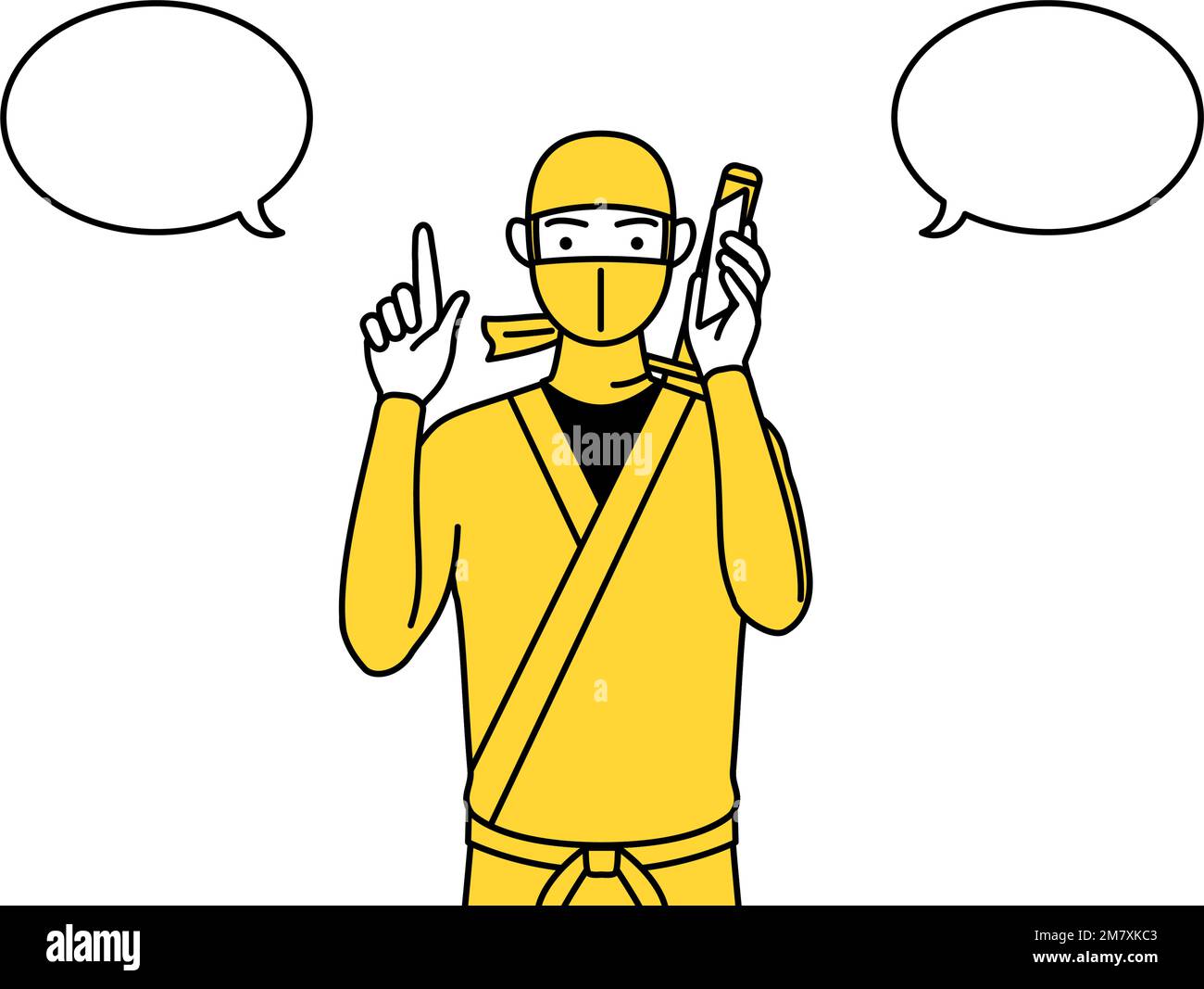 A man dressed up as a ninja pointing while on the phone Stock Vector