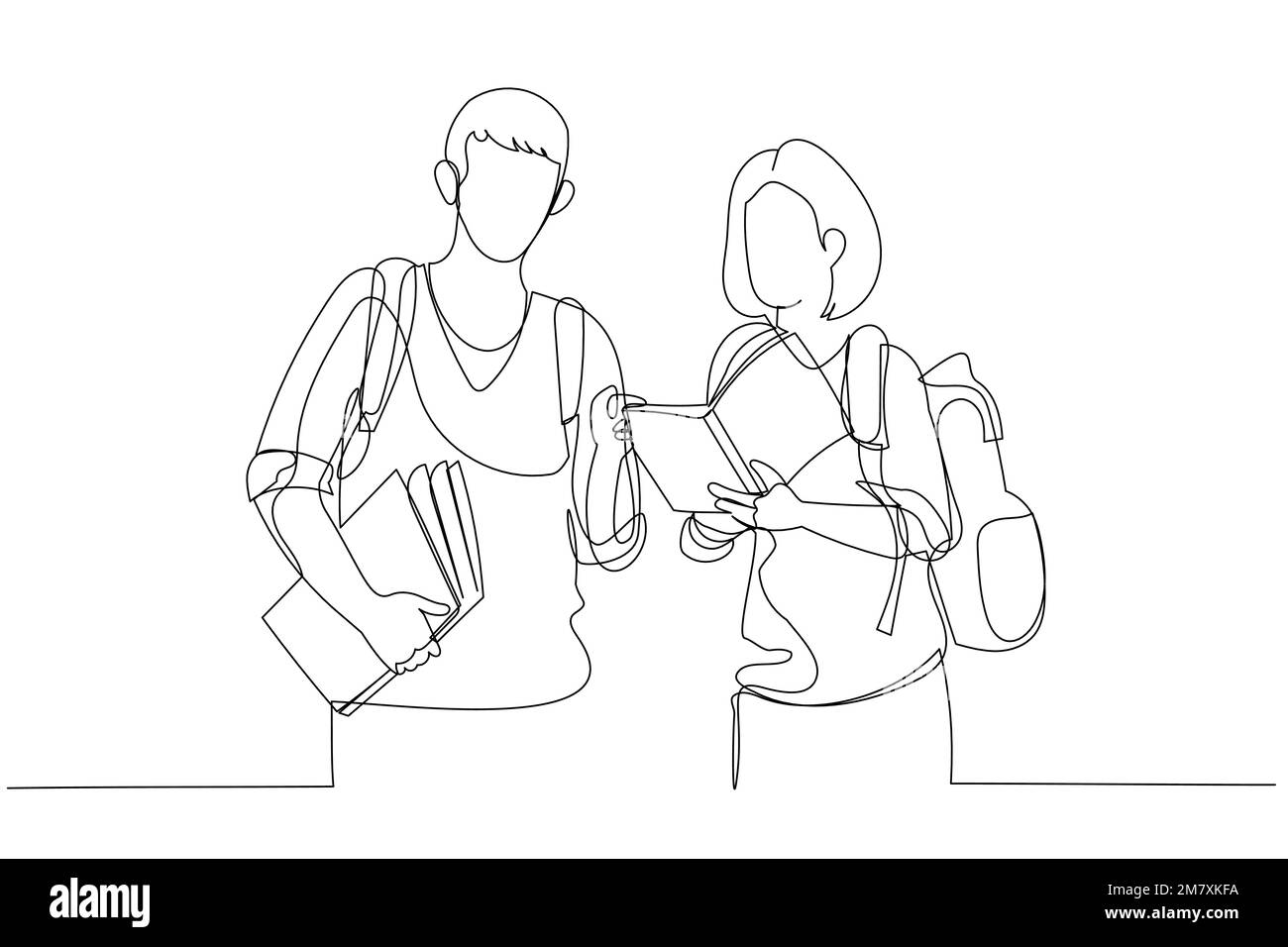 Illustration of male and female college student friends with backpacks holding books. Single line art style Stock Vector