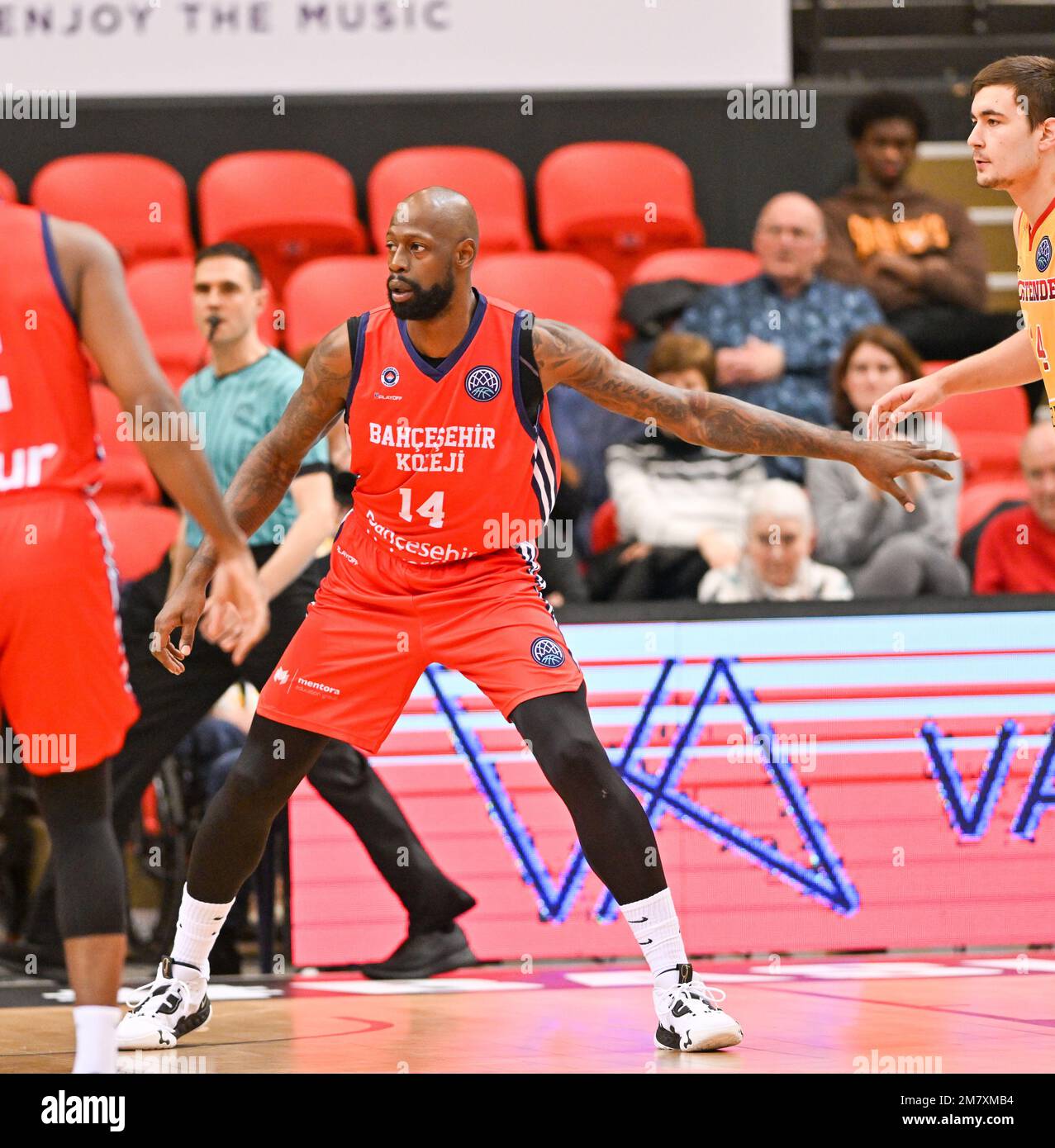 Oostende, Belgium. 10th Jan, 2023. James Gist (14) of Bahcesehir pictured  during a basketball game between Belgian BC Filou Oostende and Turkish  Bahcesehir Koleji on the second matchday of the Champions League