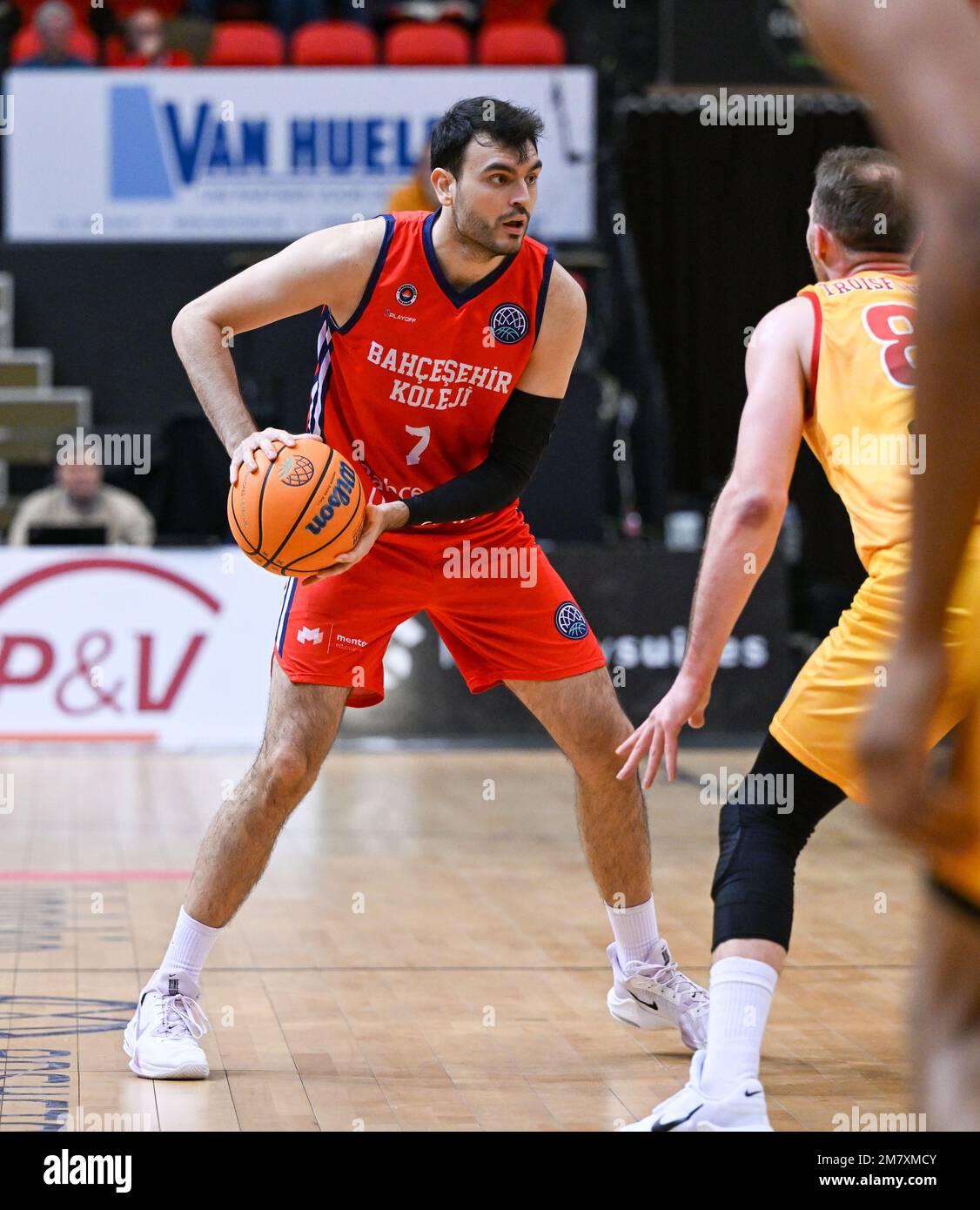 Oostende, Belgium. 10th Jan, 2023. Yigit Arslan (7) of Bahcesehir pictured  during a basketball game between Belgian BC Filou Oostende and Turkish  Bahcesehir Koleji on the second matchday of the Champions League
